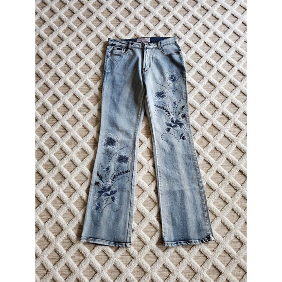 Vintage Y2K 90's Beaded Embroidered Wide Leg Jeans Size 9/10 Flaw - Picture 1 of 12